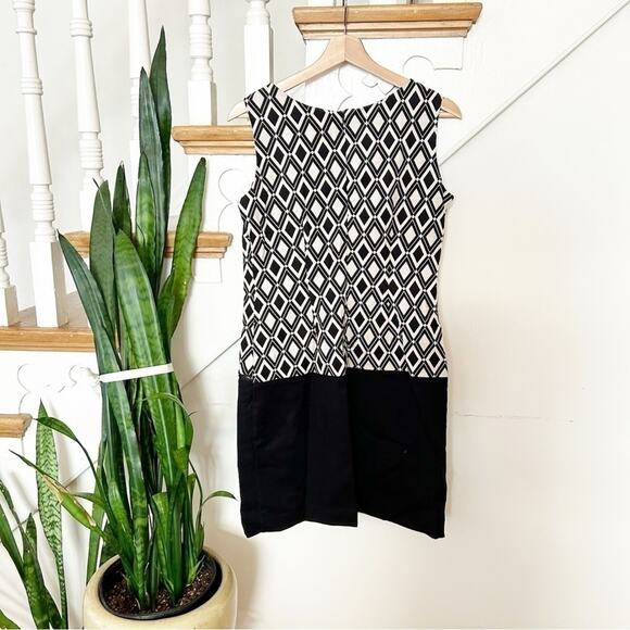 Worthington Black White Diamond Color Block Sleeveless Zip Pocket Shift Dress 4 - Picture 1 of 5